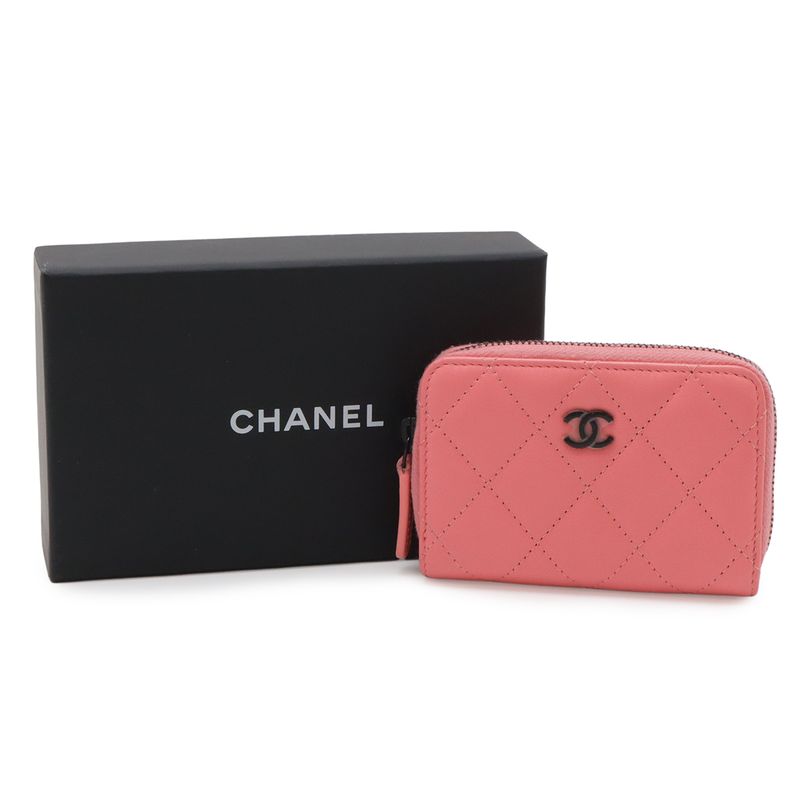Chanel Quilted CC Logo Classic Zip Coin Purse Zip Around Leather Coral Pink
