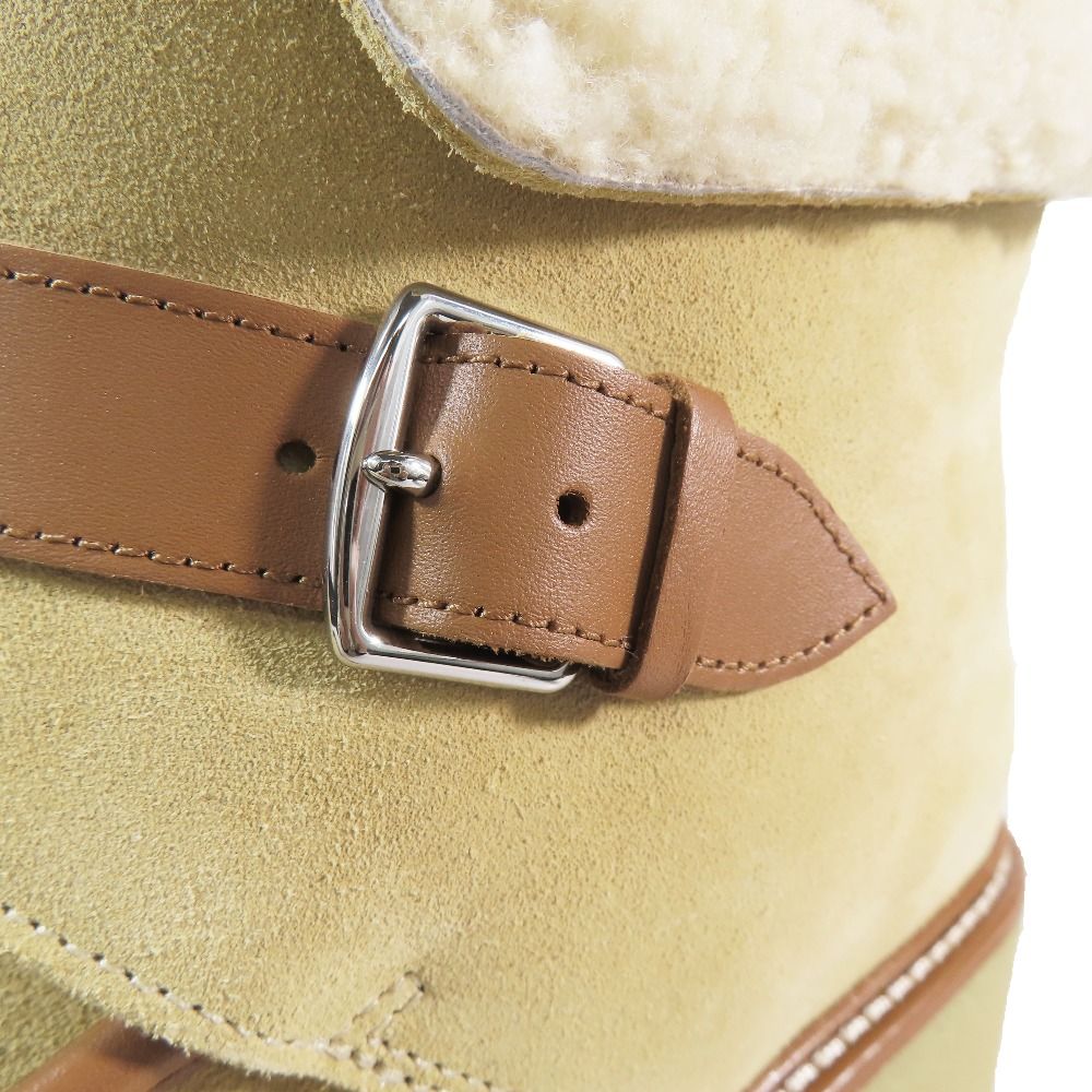 Hermes Suede Leather Shearling Short Boots Platform Belt Shoes Beige