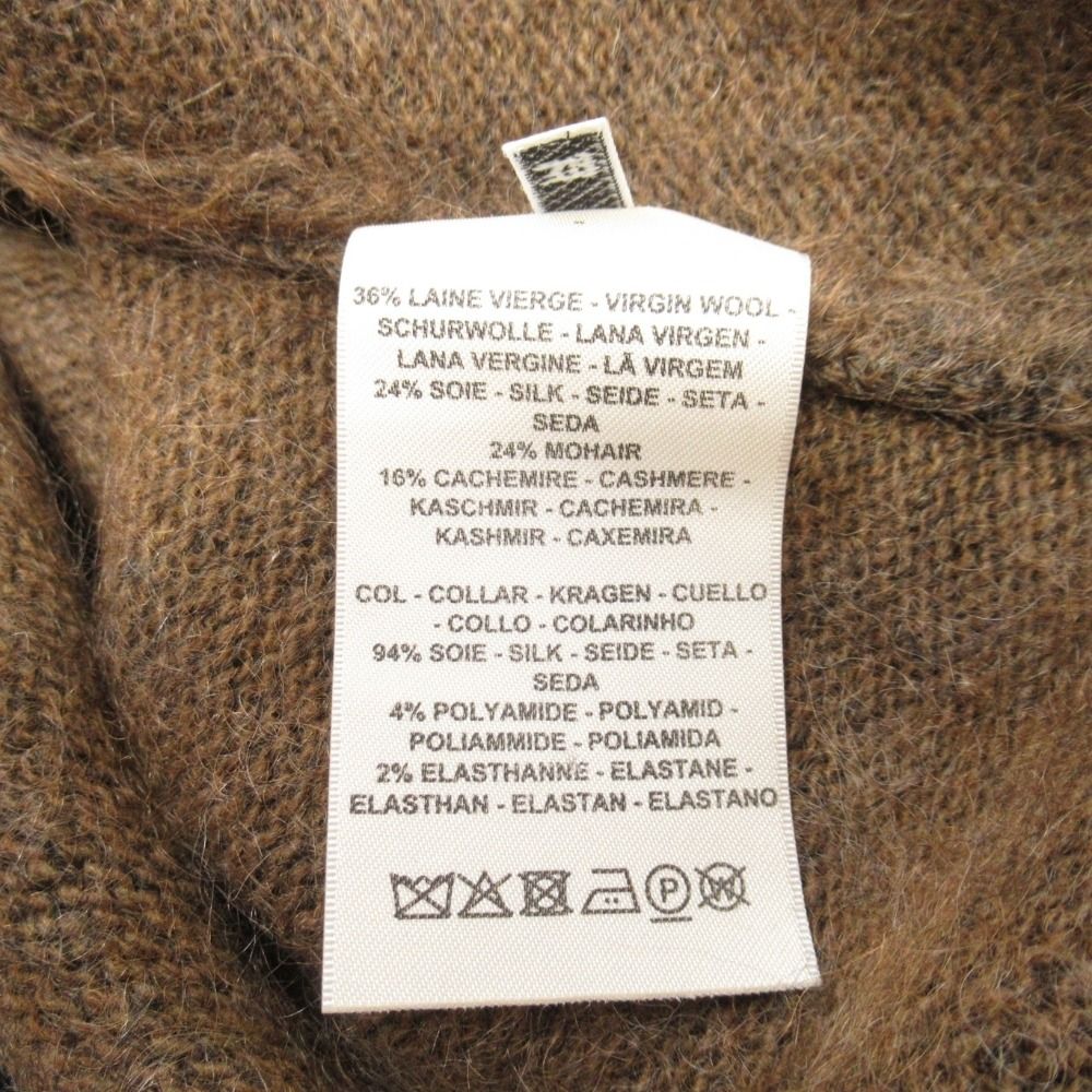 Hermes Mohair Brushed Shaggy Knit Sweater Top Ribbed High Neck Top 38 Brown