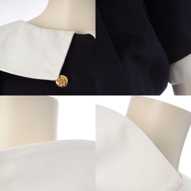 Chanel Cotton Vintage Camellia Gold Button Dress Navy White 34