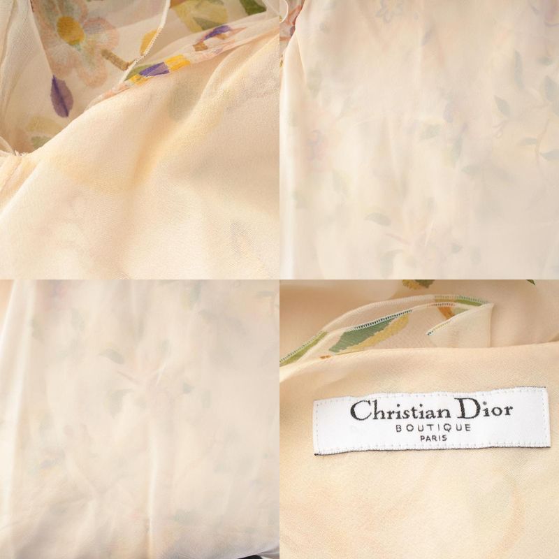 Dior 06 Silk Floral Print Ruffle Sleeveless Blouse Beige 38