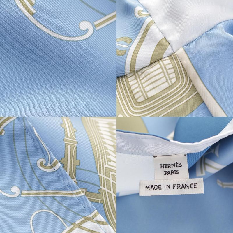 Hermes Silk Twill Laine Exlibris Wide Long Sleeve Shirt Top Blue 38