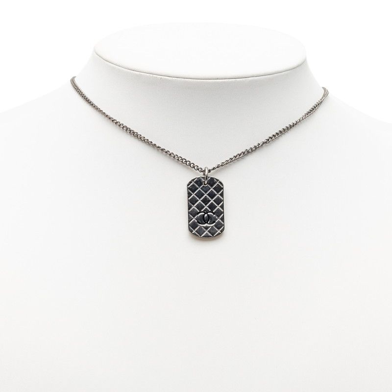 Chanel Quilted Dog Tag CC Logo Necklace Silver Metal