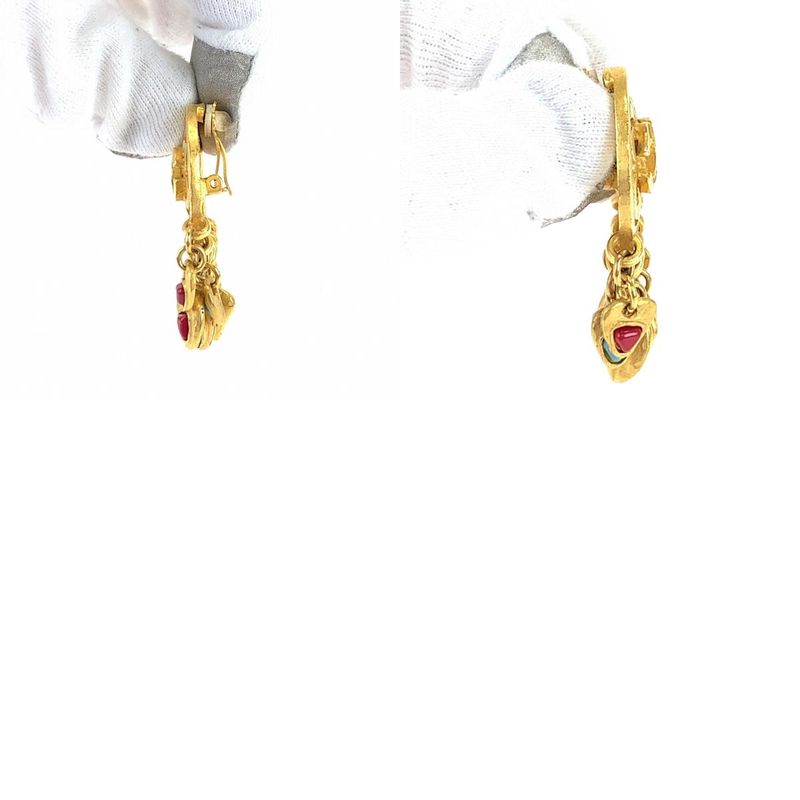 Chanel Vintage CC Logo Stone Gold Red Blue Plated Earrings Swing