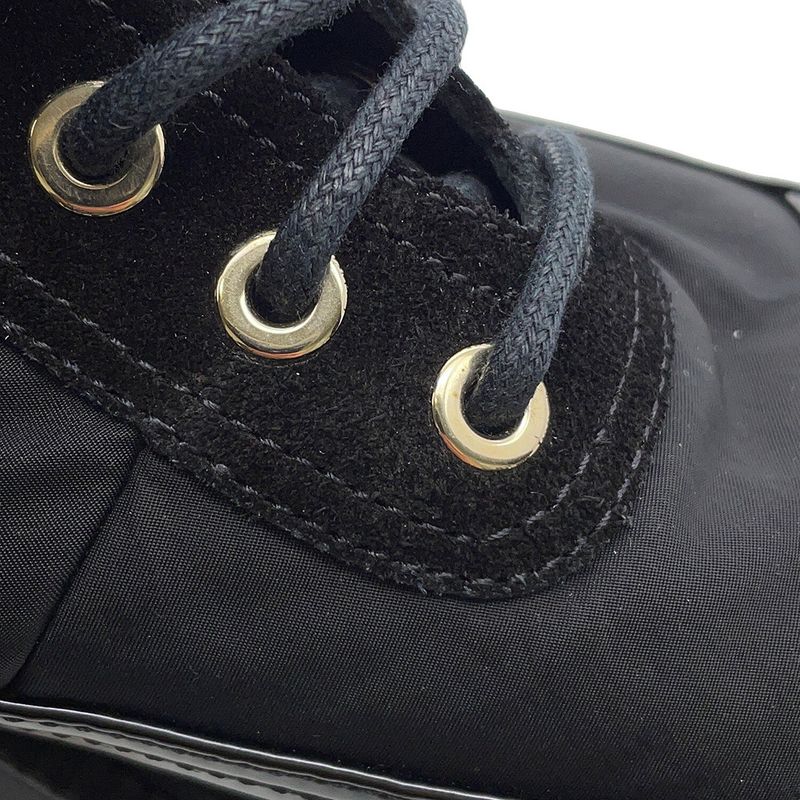 Chanel Short Boots CC Logo Lace Up Nylon Patent 36c Shoes Black