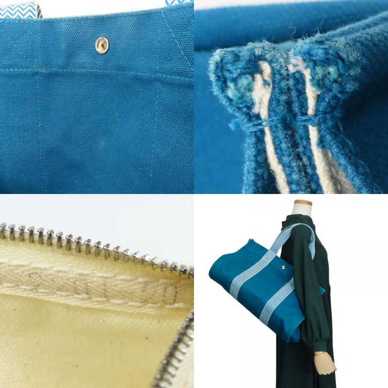 Hermes Tote Cannes MM Cotton Canvas Blue Green Casual