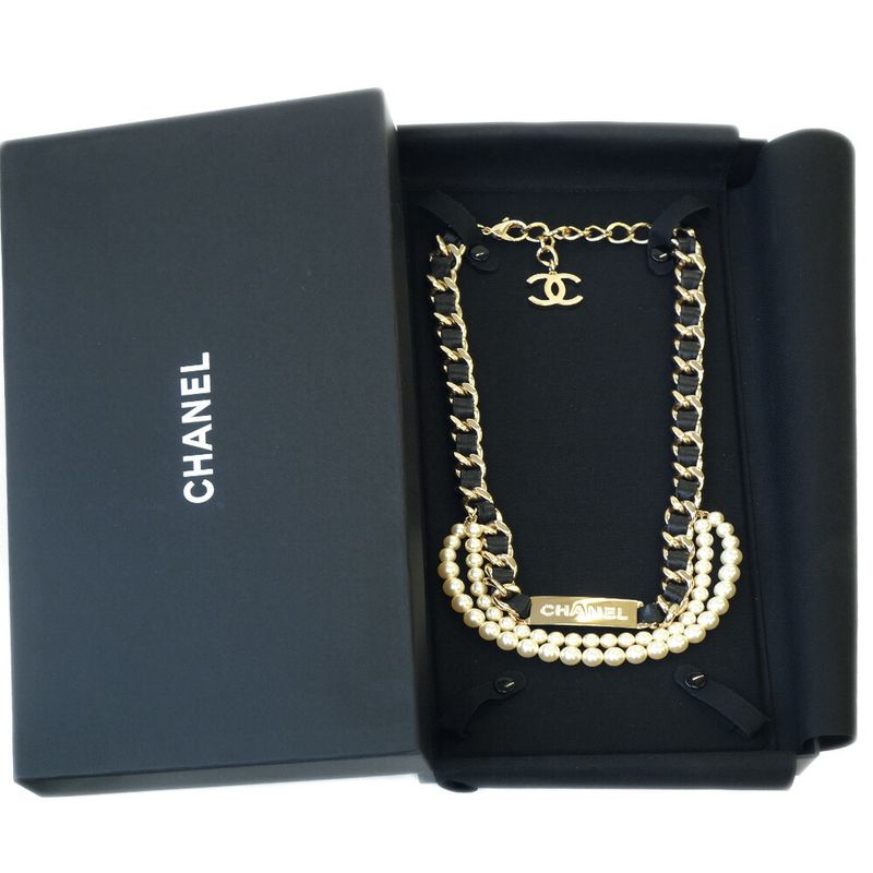 Chanel Double Pearl CC Logo Line Stone Plate Belt Leather Black Gold