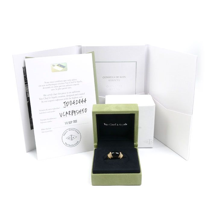 Van Cleef & Arpels 18k Yellow Gold Perlee Coule Ring Diamond Onyx