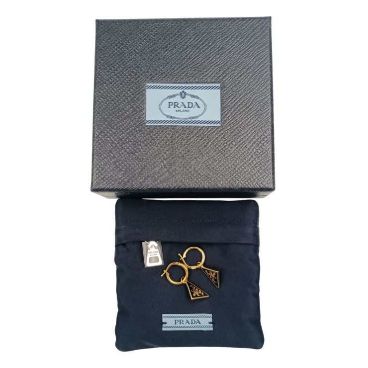 Prada Earrings Triangle Logo Gold Black Metal