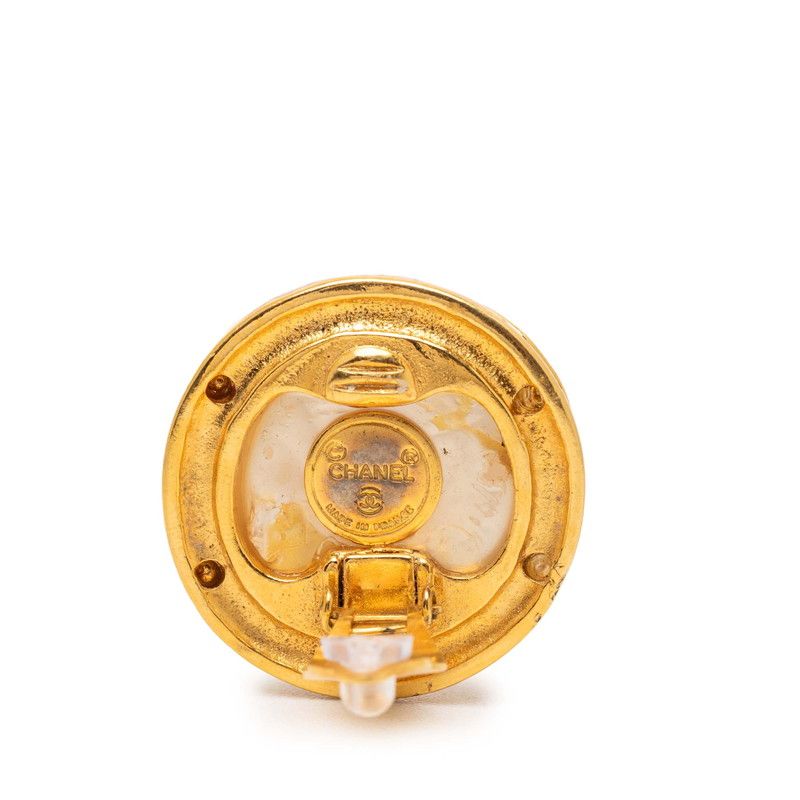 Chanel CC Logo Vintage Round Pearl Earrings Gold White Plated Faux