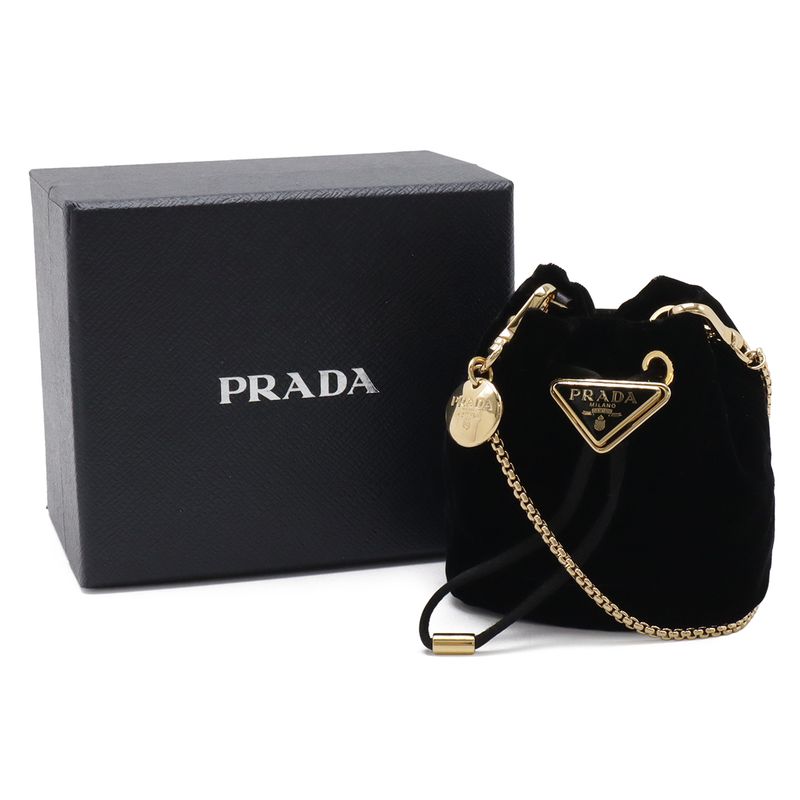 Prada Triangle Logo Velvet Mini Pouch Multi Drawstring Chain Shoulder Nero Black