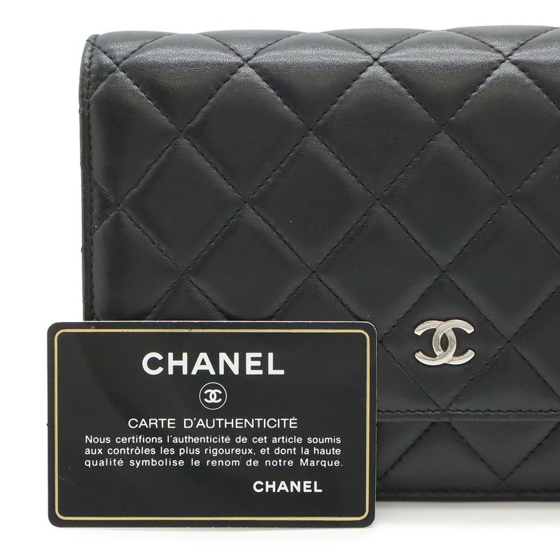 Chanel Quilted Chain Wallet Shoulder Bag Pochette Lambskin Leather Black Silver