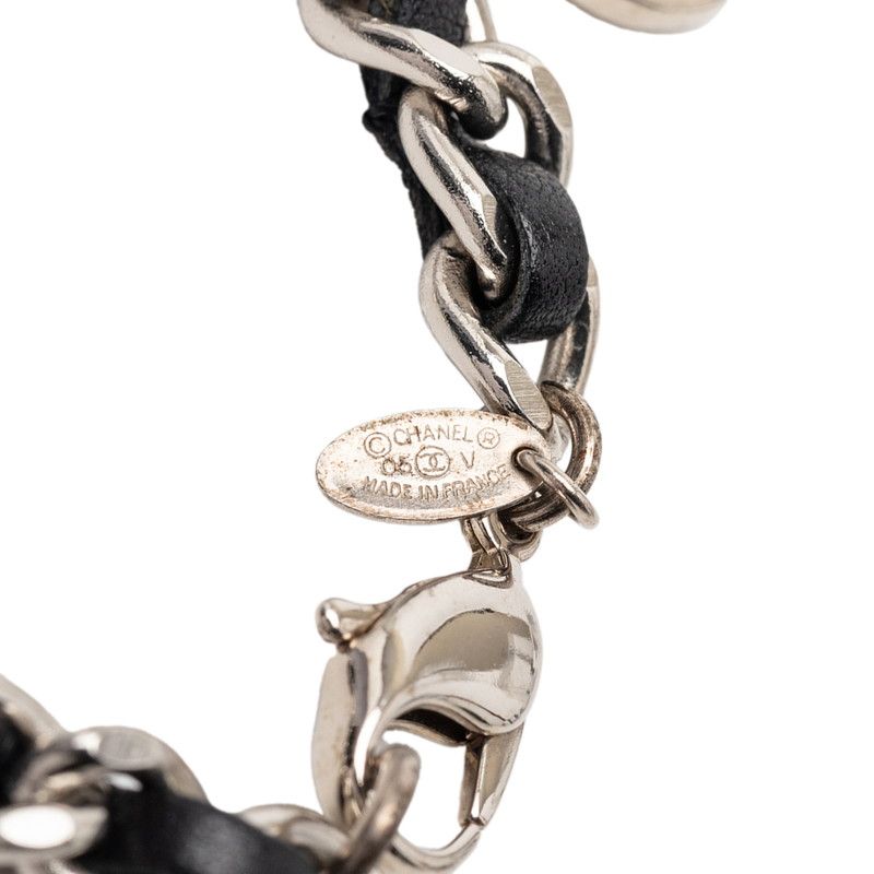 Chanel CC Logo Bracelet Silver Black Metal Leather