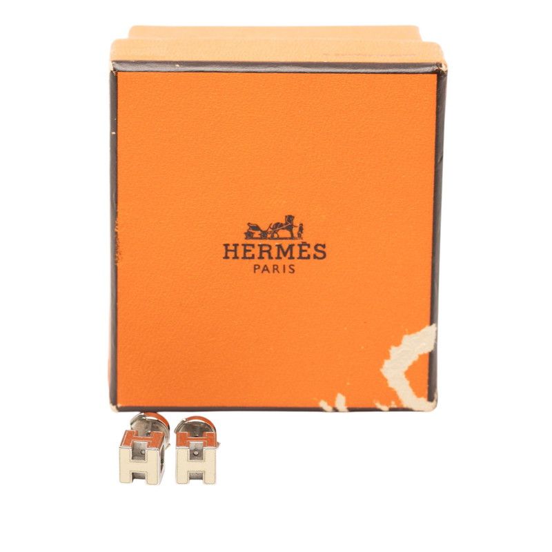 Hermes Cage de Ash Cube Earrings Silver Beige Metal Enamel