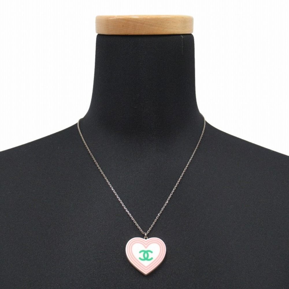 Chanel Heart CC Logo Necklace Vintage Silver White