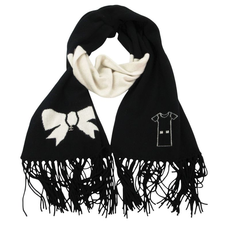 Chanel Scarf Cashmere Ribbon CC Logo Charm Shirt Motif 26 204 cm Black