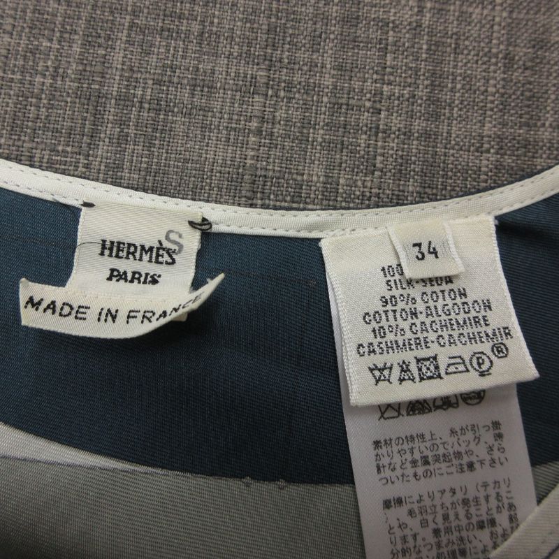Hermes Top Twill Laine Blouse Top Long Sleeve Silk Cashmere Blend Navy