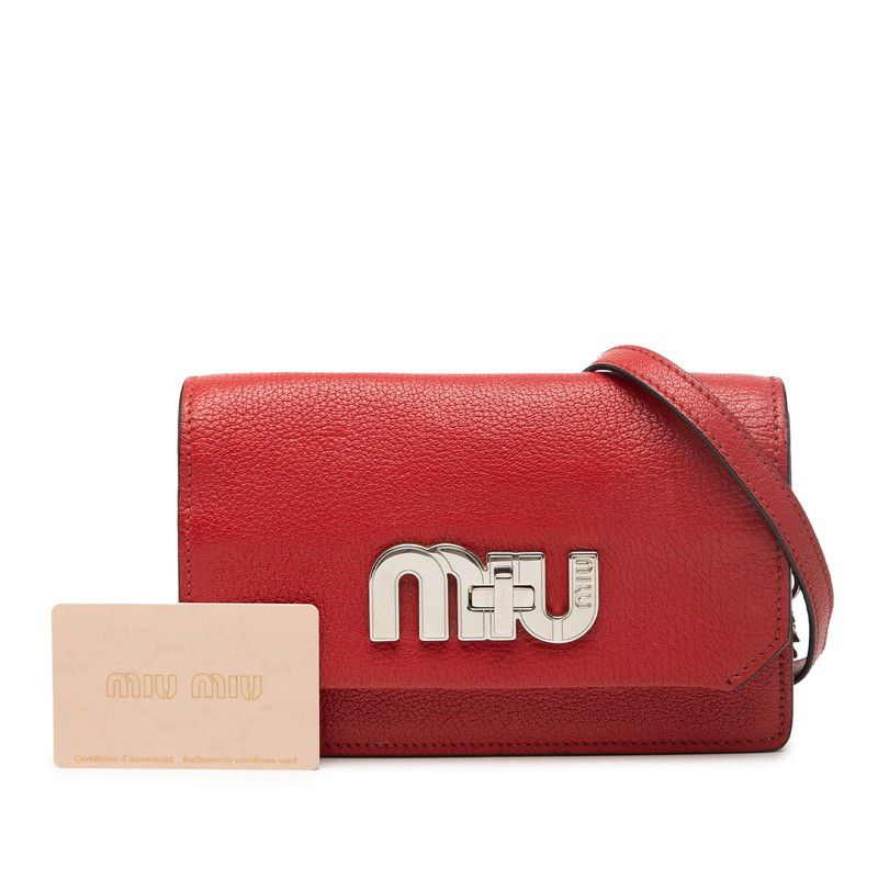Miu Miu Miu Logo Chain Shoulder Bag Red Madras Leather