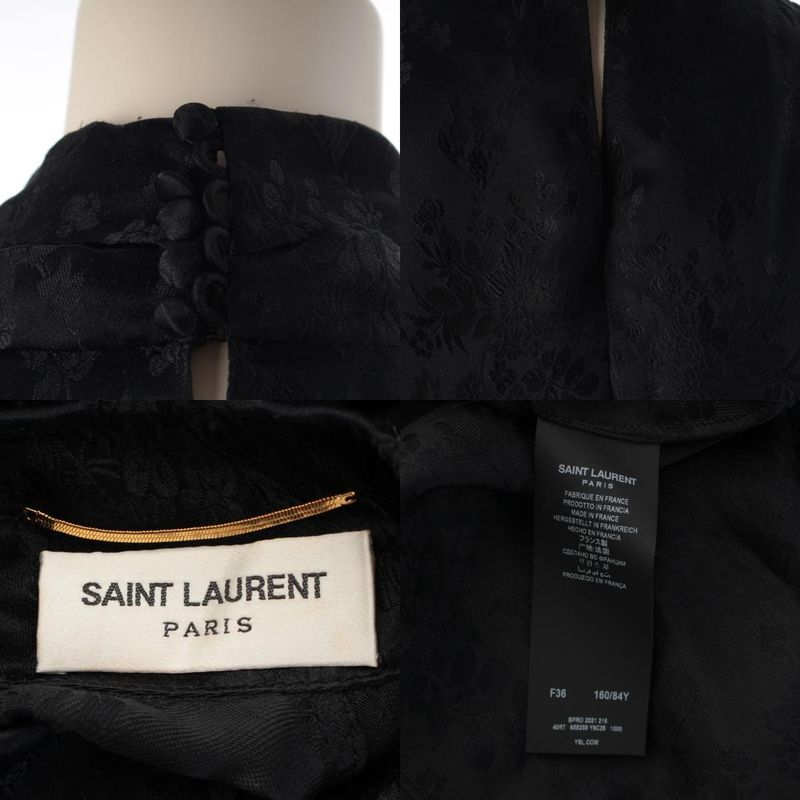 Saint Laurent Silk Floral Pattern Flower Belted Dress Black 36