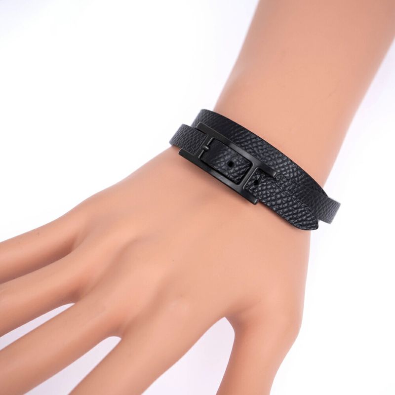 Hermes Leather Bracelet Behapi Double Tour Sole Black Swift T4