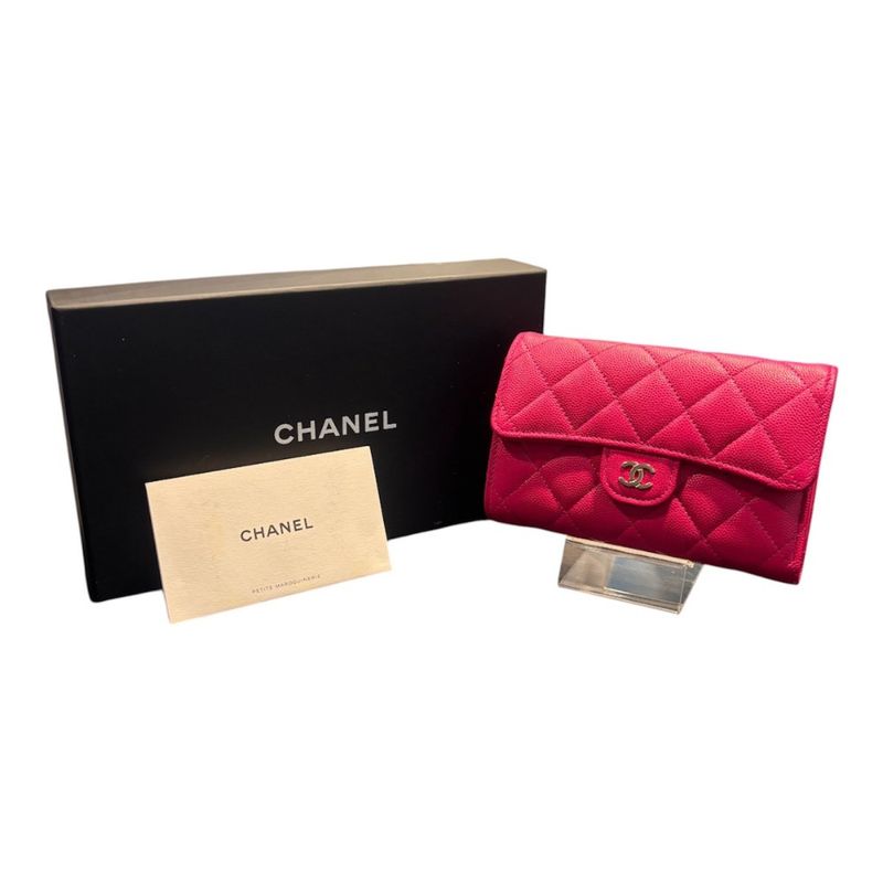 Chanel Quilted Leather Caviar Flap Wallet Bifold Pink