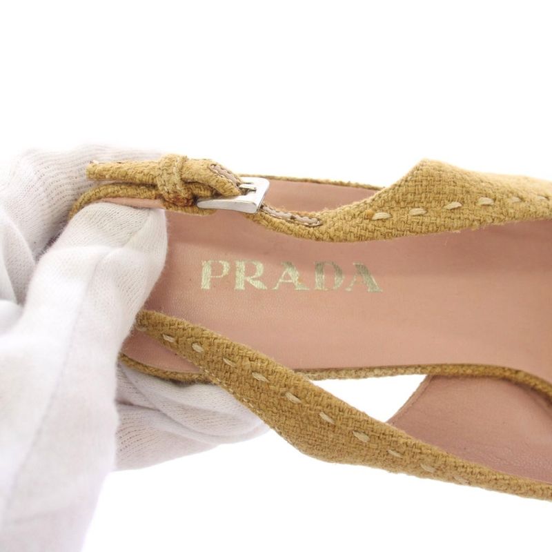 Prada Wedge Sole Sandals Strap Beads 37.5 Beige TK