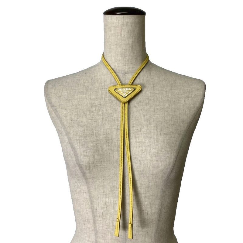 Prada Saffiano Triangle Logo Loupe Tie Leather Tie Yellow