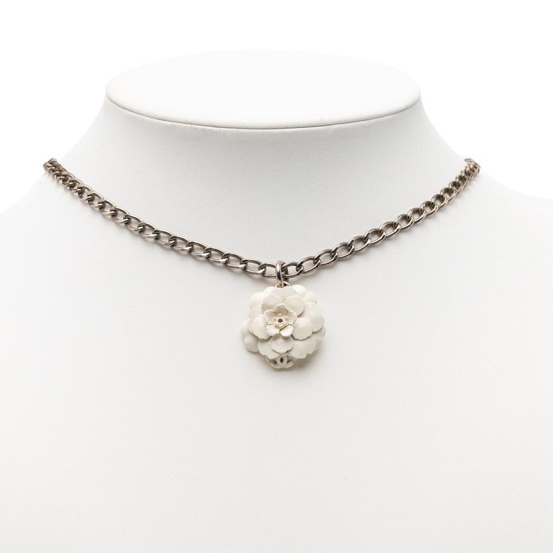 Chanel Camellia CC Logo Chain Pendant Necklace White Silver Metal Enamel