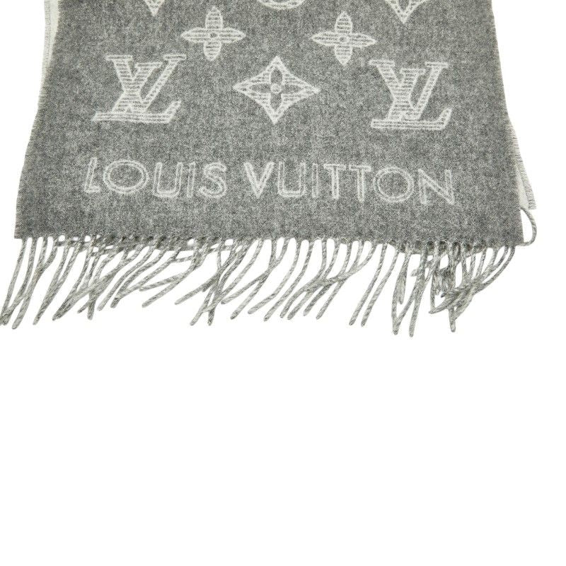 Louis Vuitton Scarf Monogram Shadow Gray White Wool 90% Cashmere