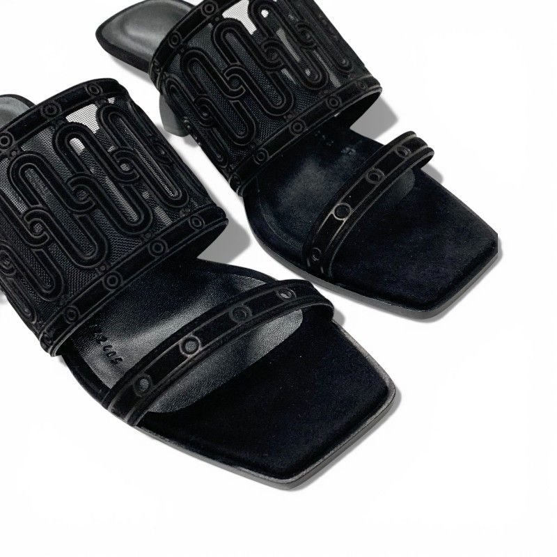 Hermes Gioia Sandals Shoes Suede Mesh Black Mule