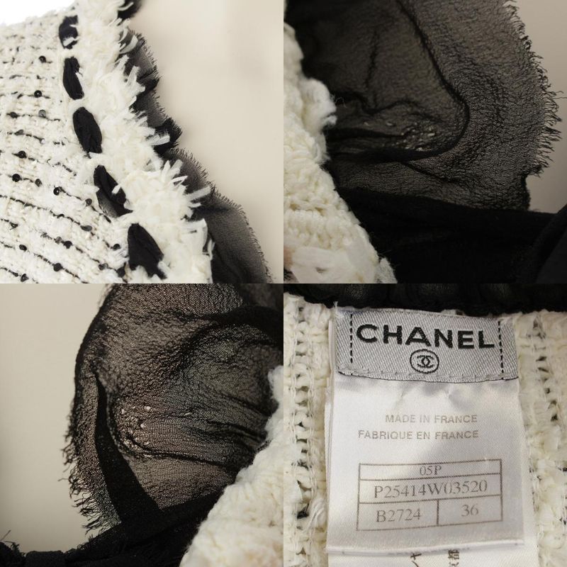Chanel Silk Blend Tweed Ribbon Collarless Jacket White Black 36