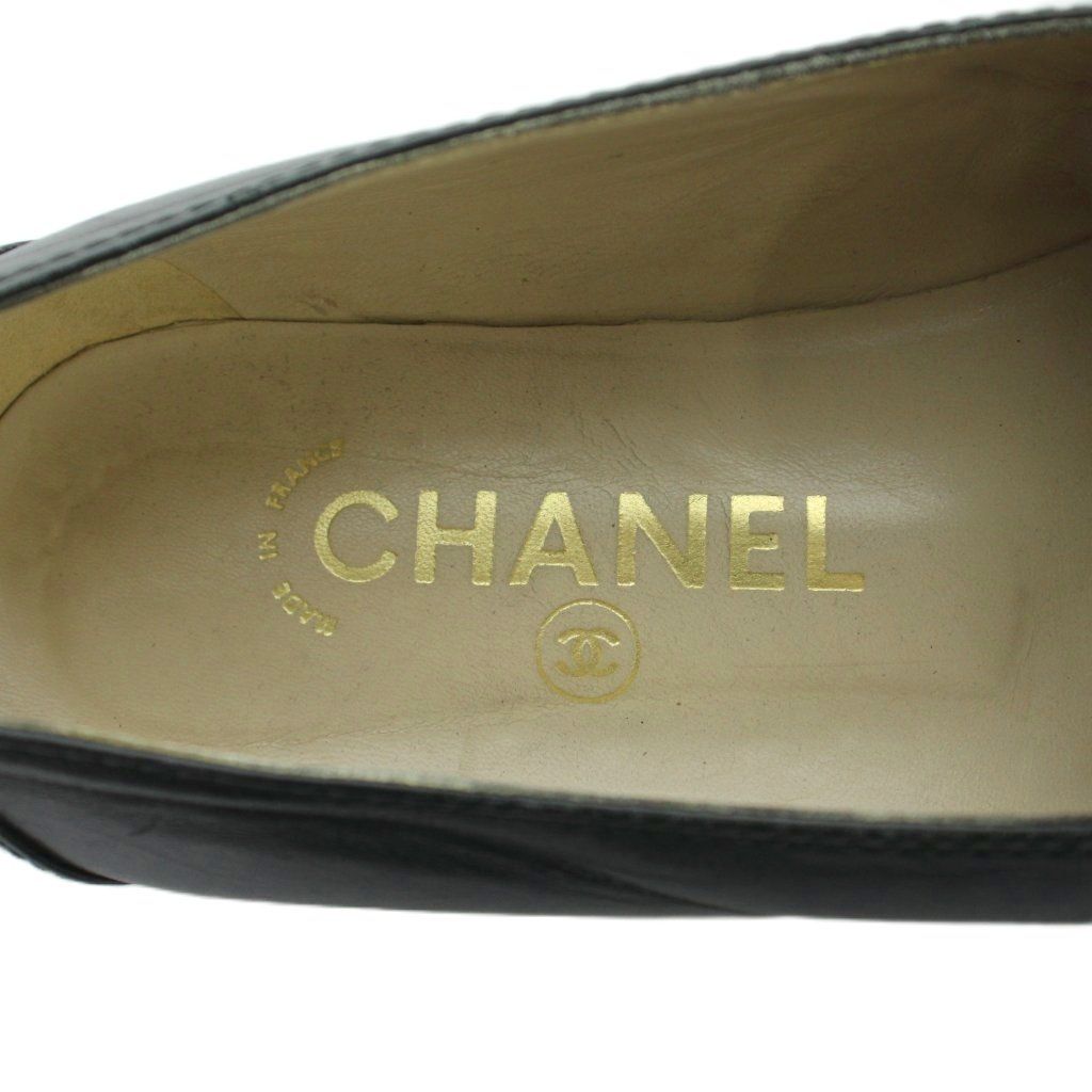Chanel Loafers Moccasins Leather Logo Plate 37.5 Black White
