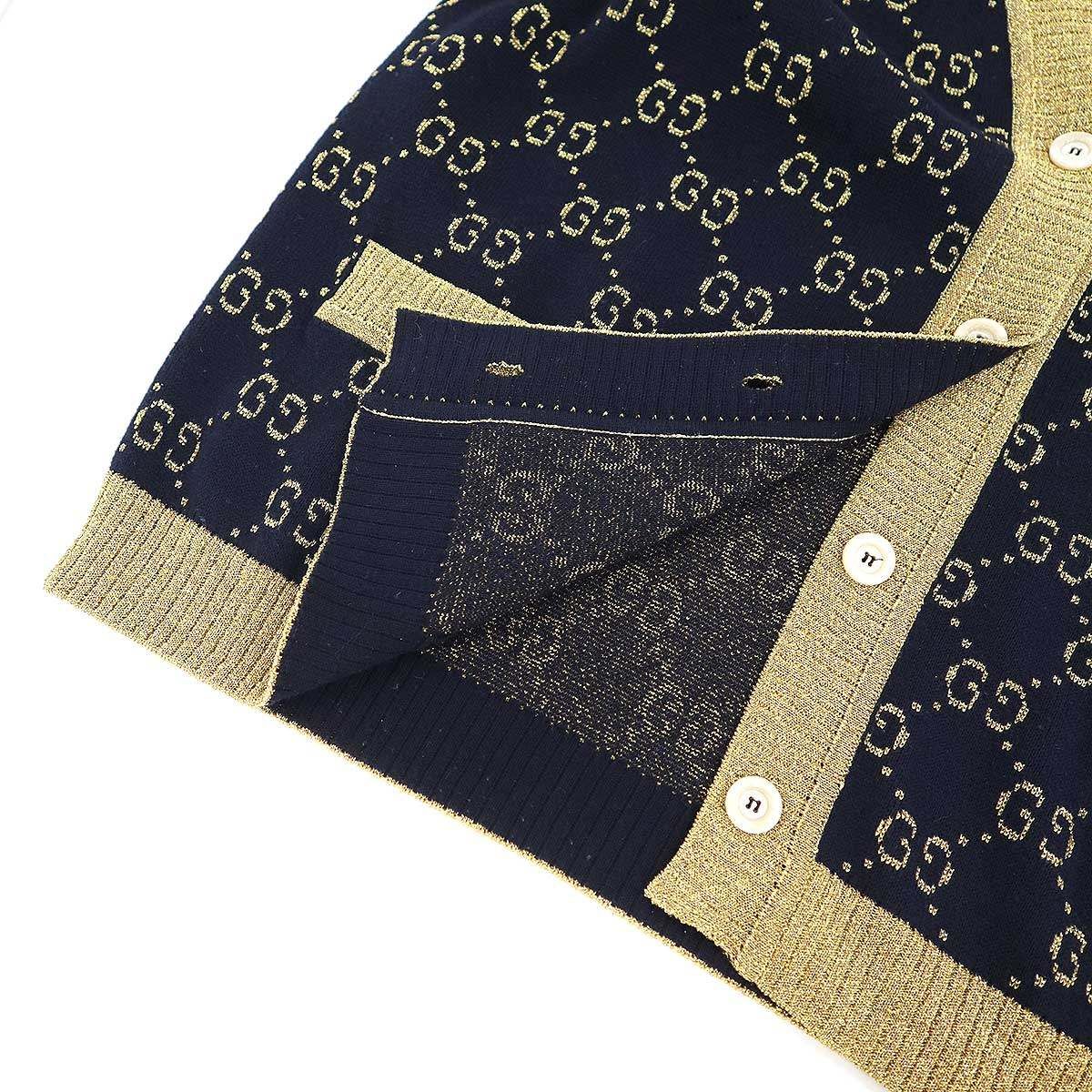 Gucci GG Cotton Lam Fabric Cardigan Navy Gold Xxs