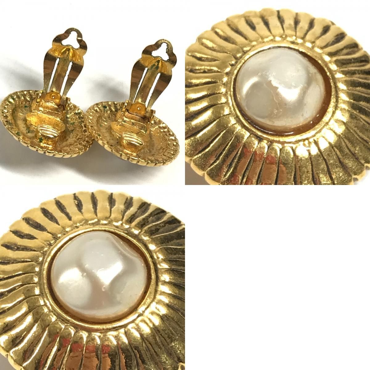 Chanel Earrings Faux Pearl Metal Gold