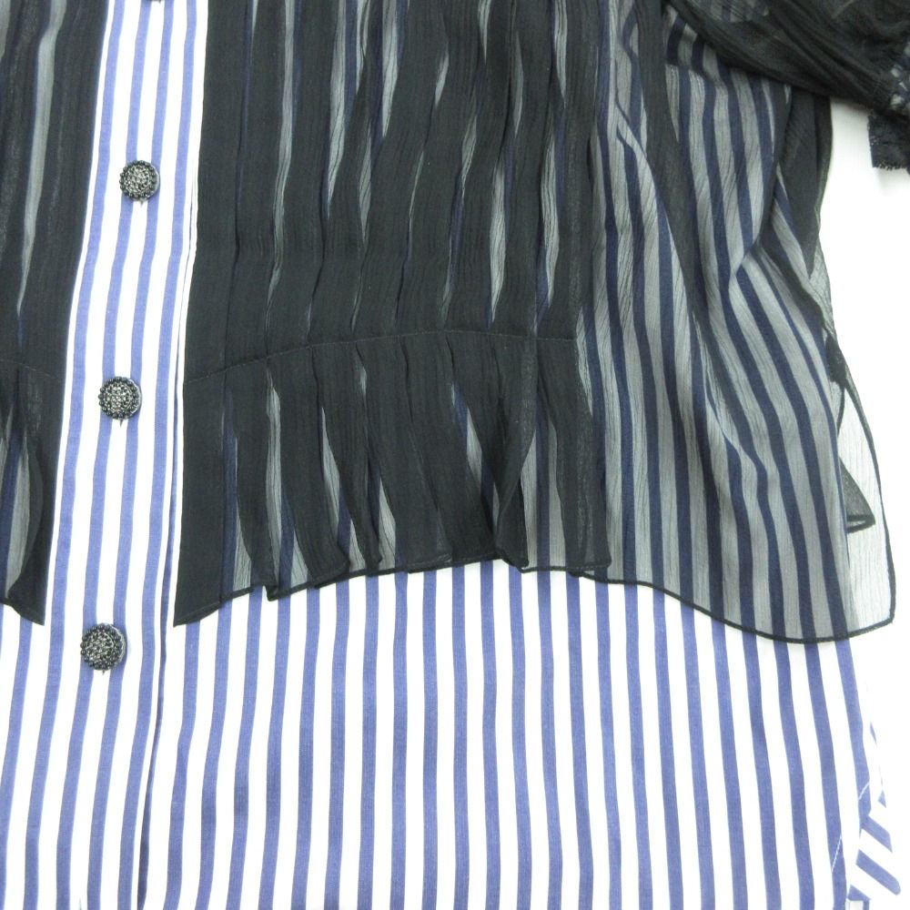 Chanel Blouse Striped Lace Chiffon Long Sleeve Top Camellia Button Cotton Silk