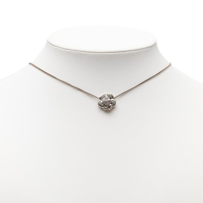 Chanel Camellia CC Logo Flower Pendant Necklace Silver Line Stone Metal