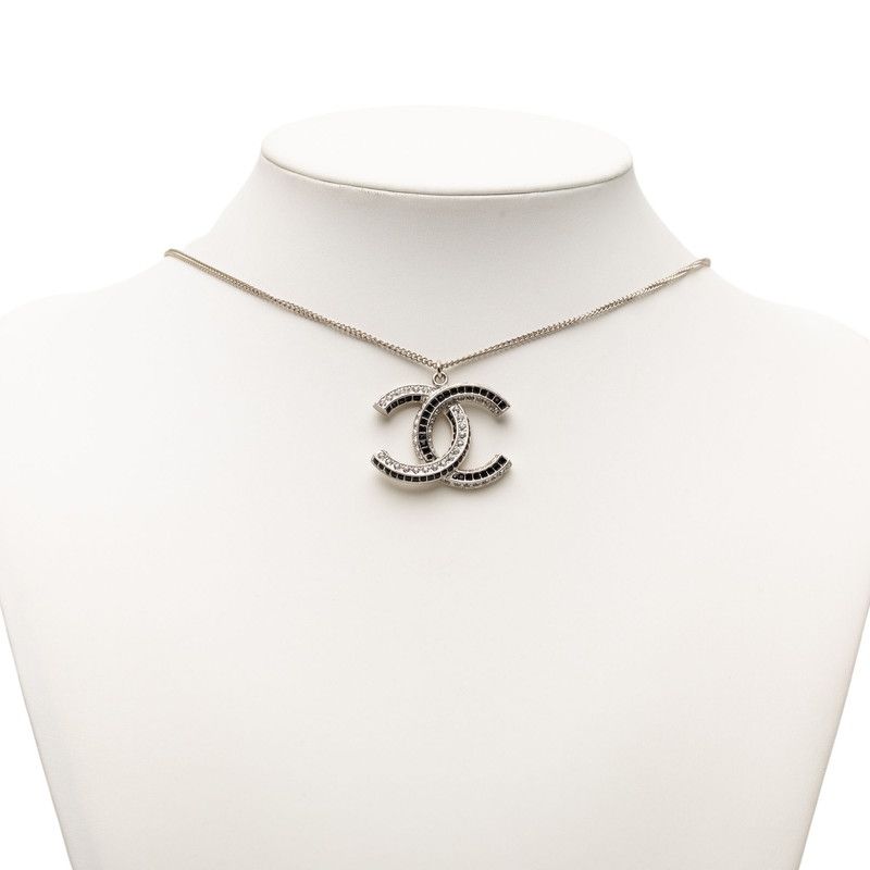 Chanel CC Logo Line Stone Necklace Silver Black Metal