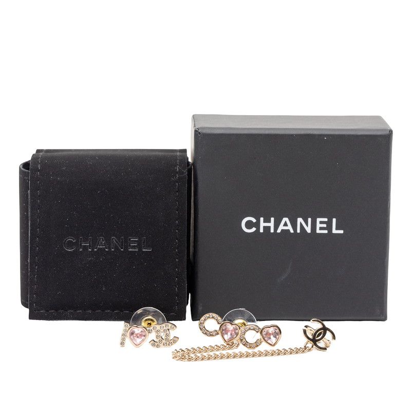 Chanel I Love CC Logo Heart Line Stone Earrings Gold Pink Plated
