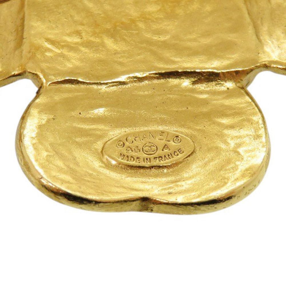 Chanel CC Logo Vintage Clover Stone Metal Gold Brooch