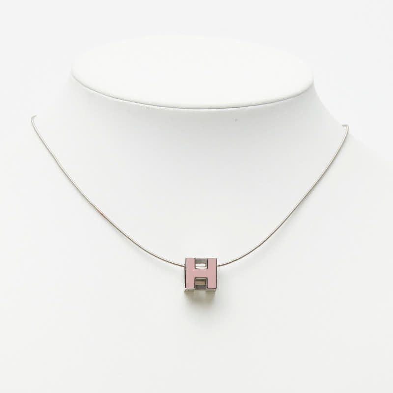 Hermes Cage de Ash Cube Necklace Silver Pink Metal Enamel