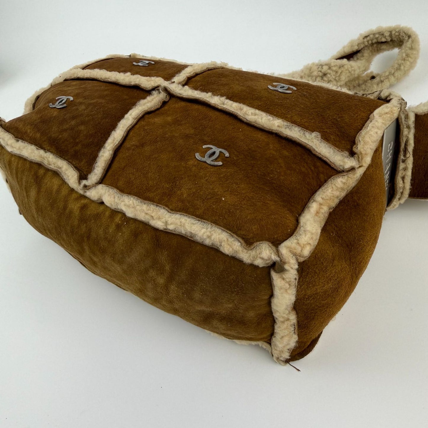 Chanel CC Logo Shoulder Bag Brown Shearling Suede Vintage