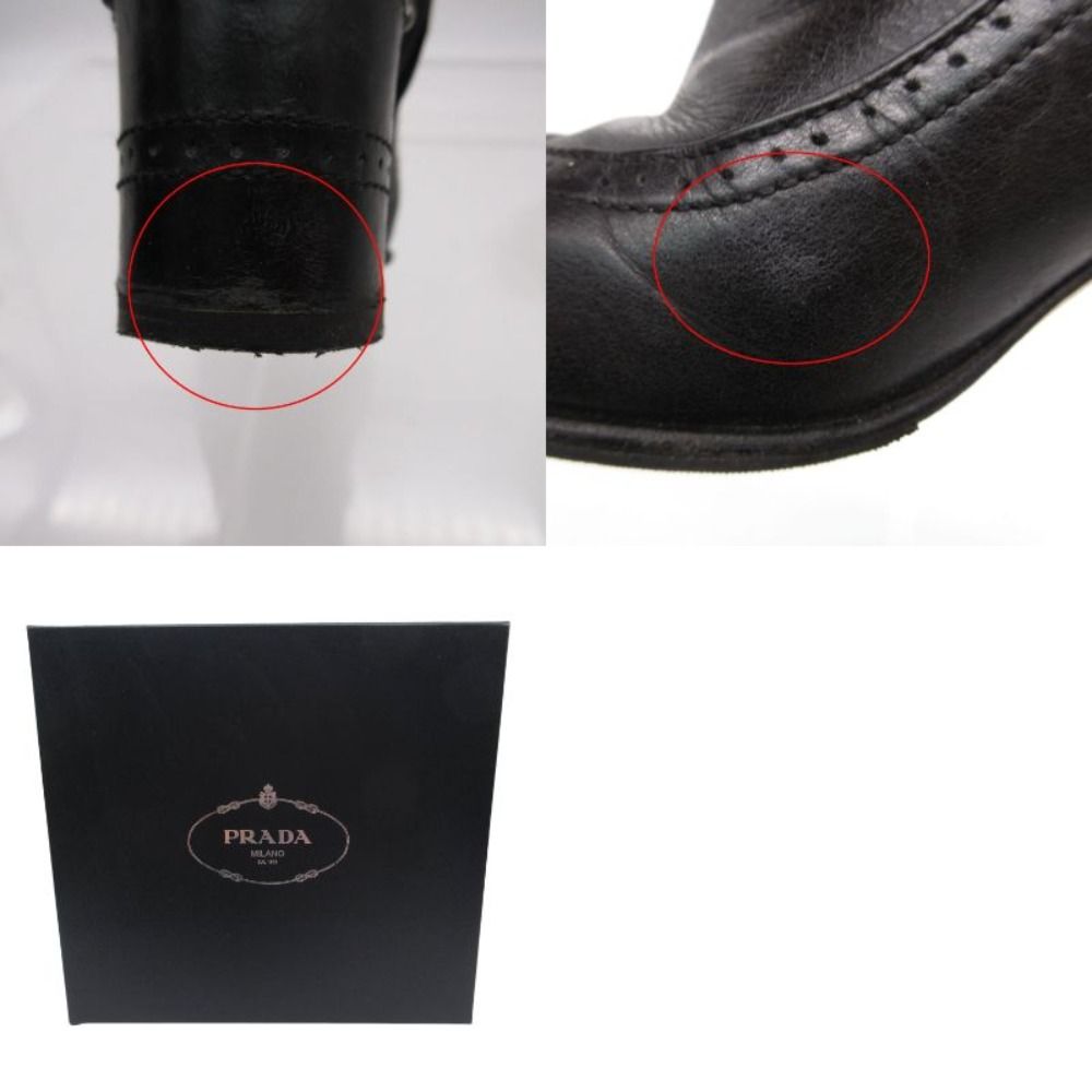 Prada Boots Cowhide Leather Studs Short Shoes Side Zip Black