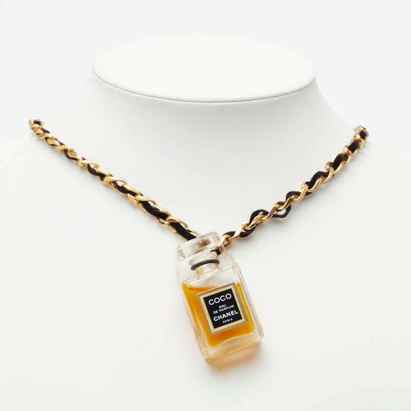 Chanel Perfume Bottle Motif Necklace Clear Gold Black Glass Plated Velour
