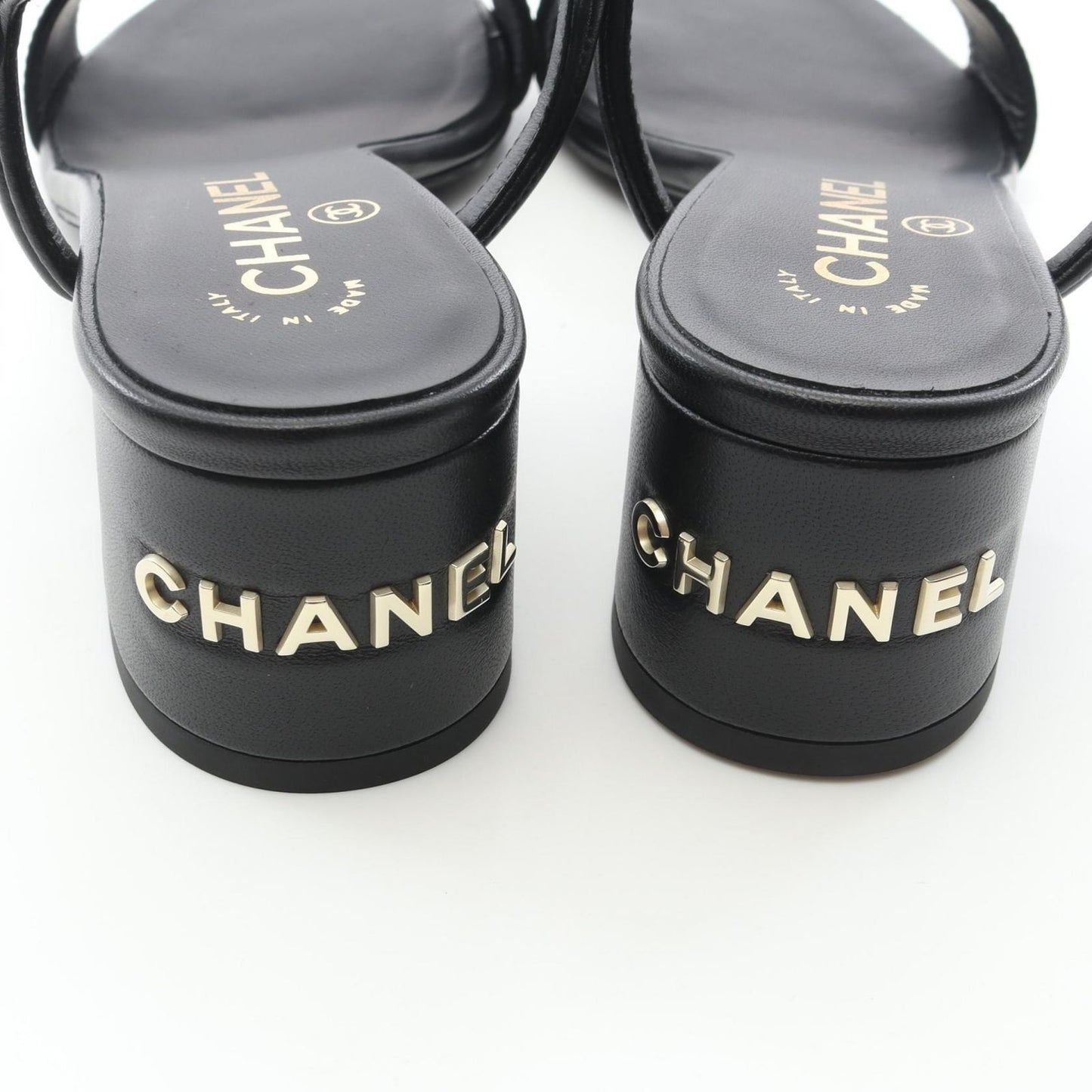 Chanel Sandals Logo Heels Black Leather — view 7