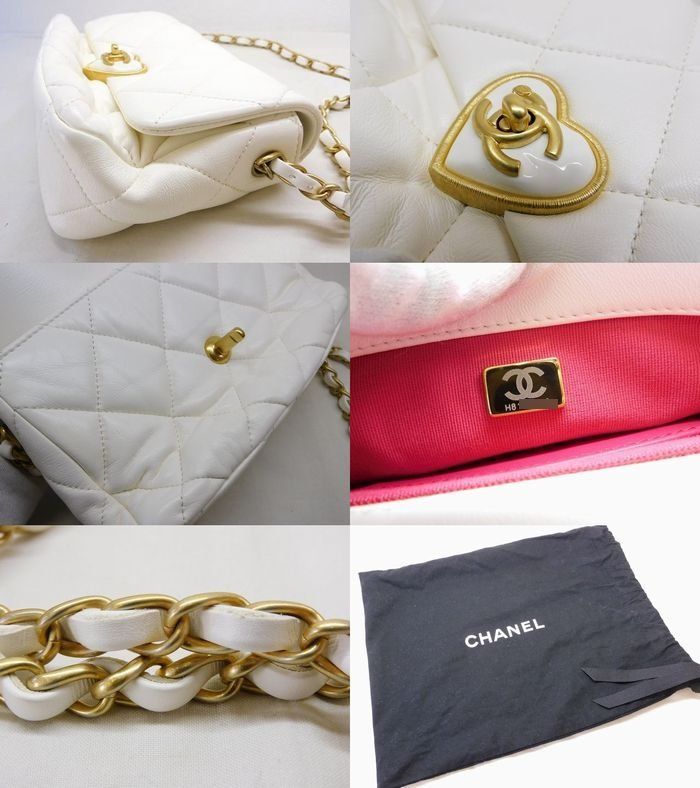 Chanel Quilted Heart Lock Shoulder Bag Mini Flap Lambskin White — view 5