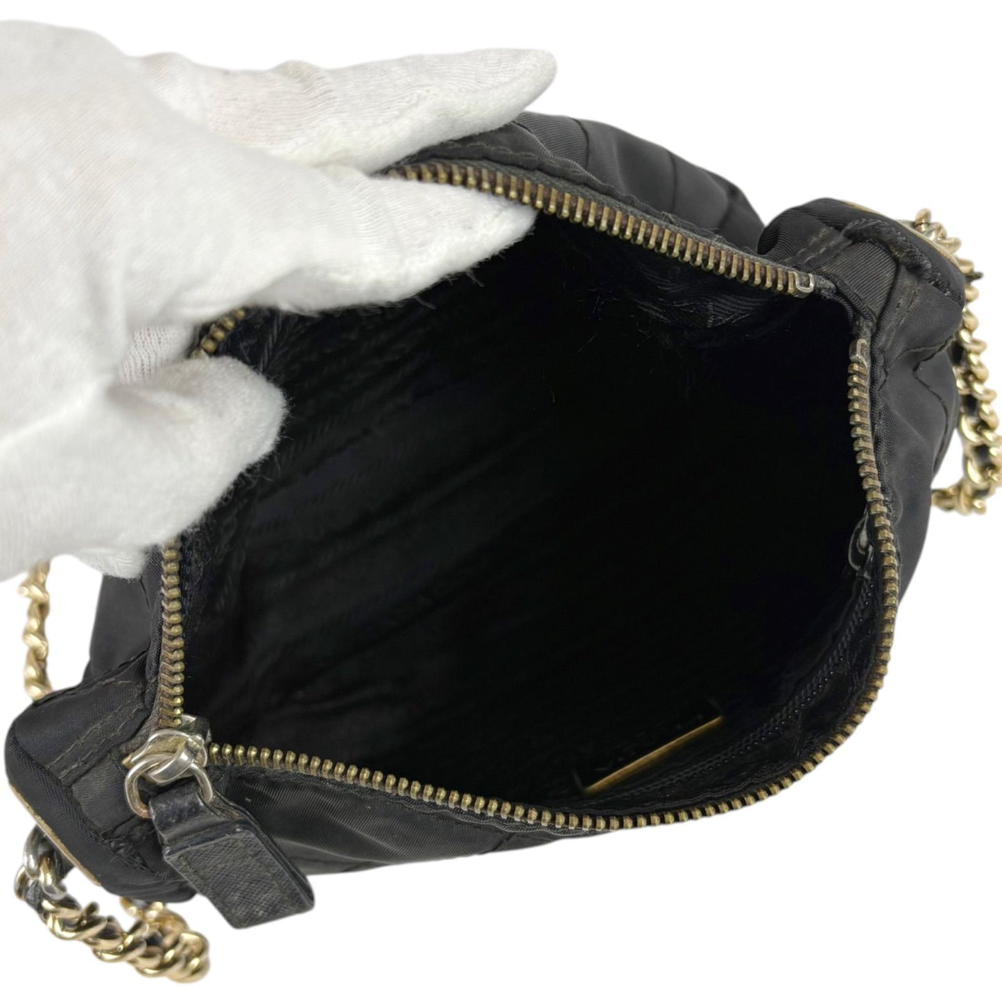 Prada Quilted Processing Triangle Logo Chain Shoulder Bag Pochette Black — view 9