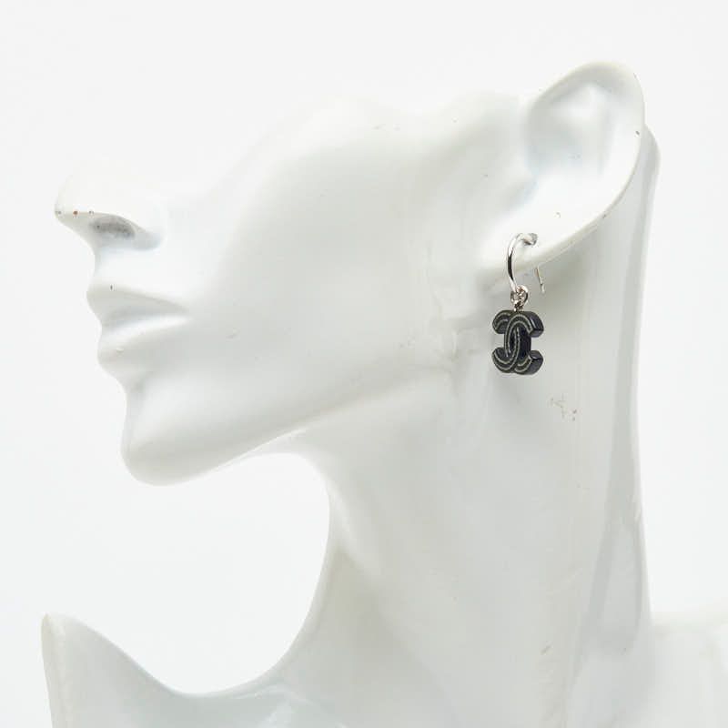 Chanel CC Logo Earrings Silver Black Metal Plastic — view 5