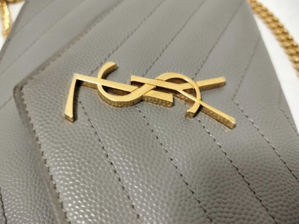 Saint Laurent Yves Chain Wallet Cassandra Gray Leather Stitch Gold — view 9