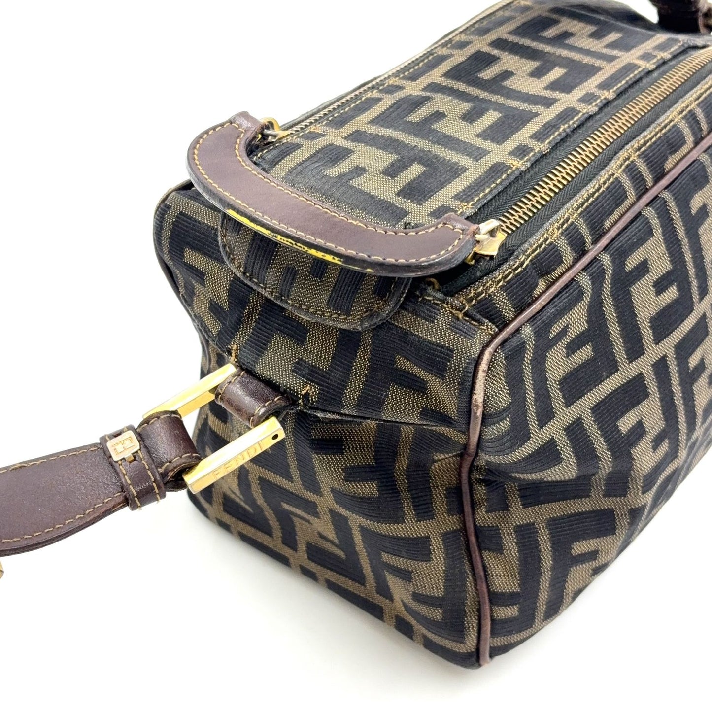 Fendi Zucca Pattern Square Leather Canvas Dark Brown Shoulder Bag Gold — view 9