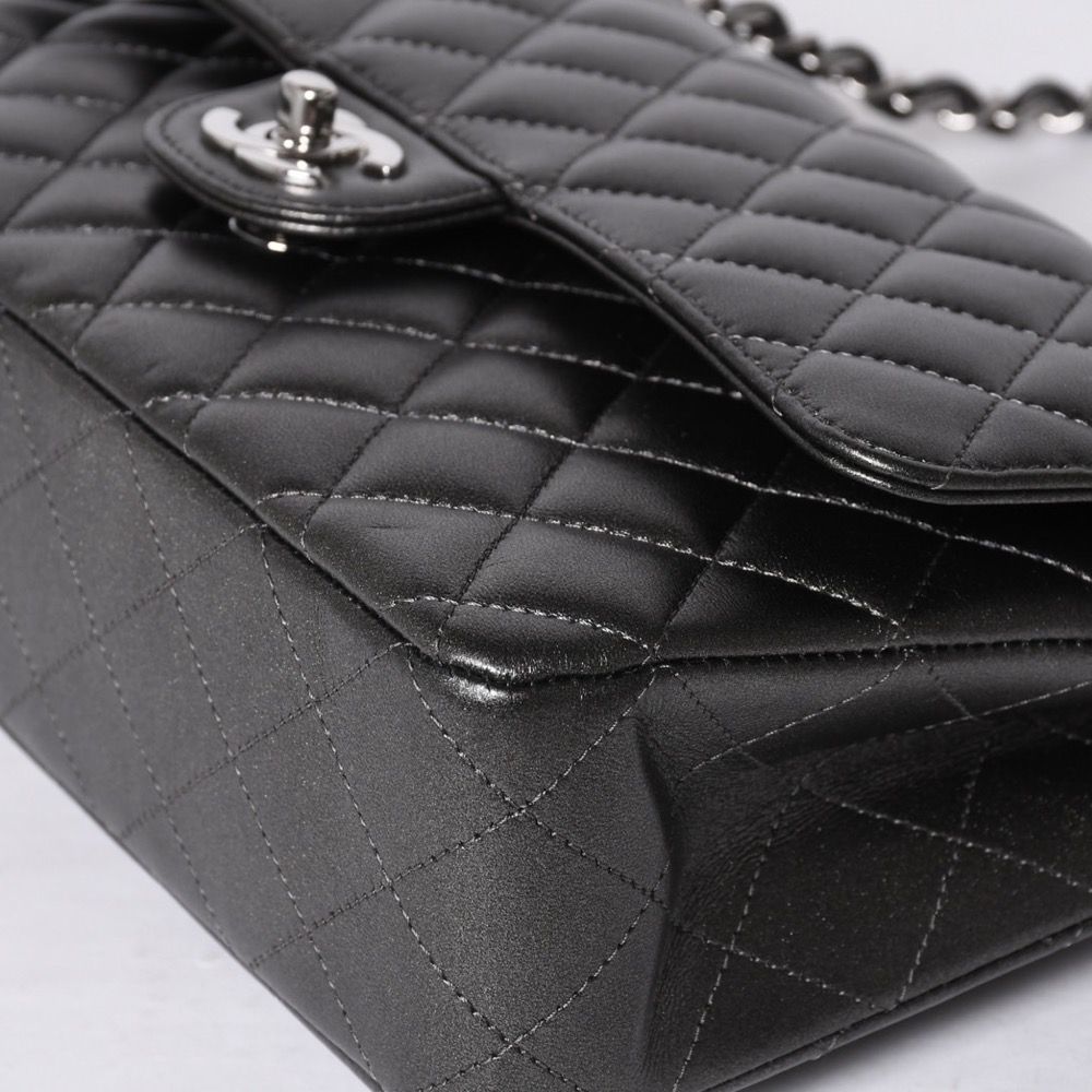 Chanel Quilted 25 Double Flap Chain Shoulder Bag Shine Gray Lambskin Silver — view 8